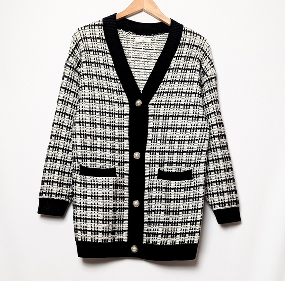 BABATON Lacer Tweed Cardigan Wool Sweater Pearl Buttons Black White XXS Aritzia - Picture 9 of 14
